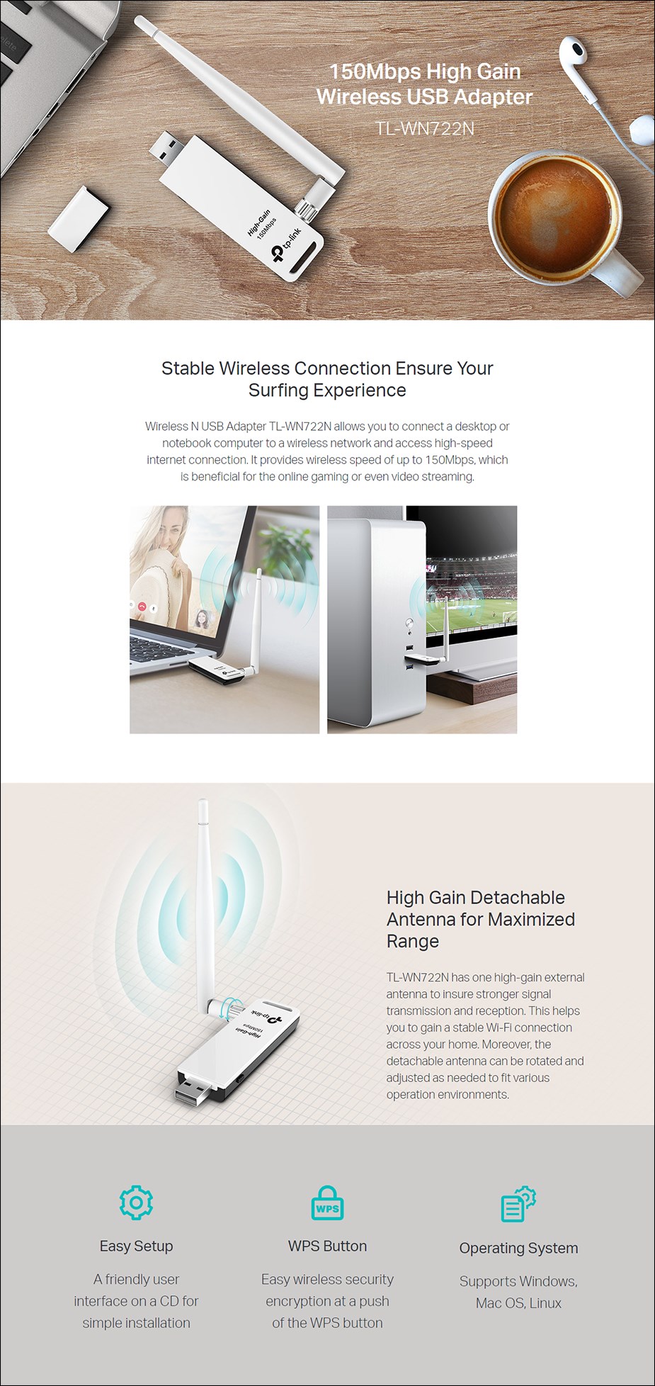 TP-Link TL-WN722N 150Mbps High Gain Wireless USB Adapter - Overview 1