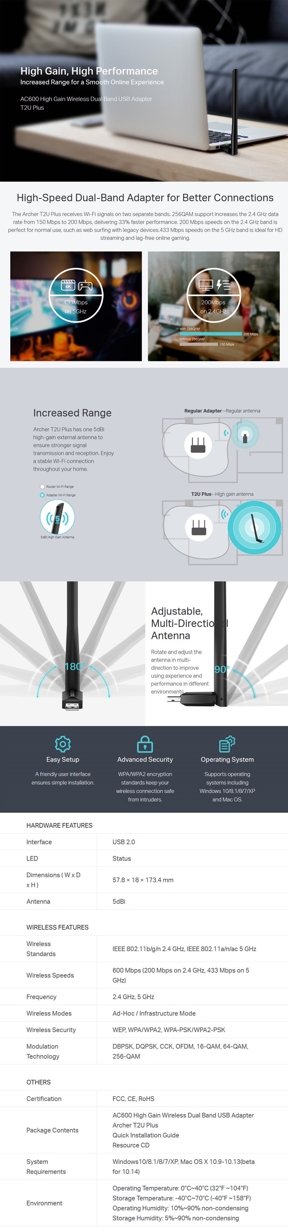 TP-Link Archer T2U Plus AC600 High Gain Wireless Dual Band USB Adapter - Desktop Overview 1