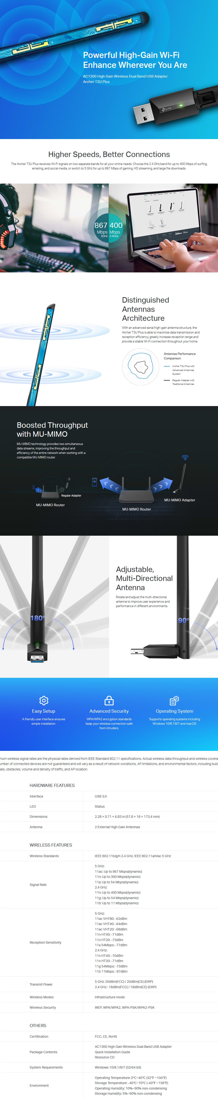 Tp-Link Archer T3U Plus AC1300 High Gain Wireless Dual Band USB Adapter - Desktop Overview 1