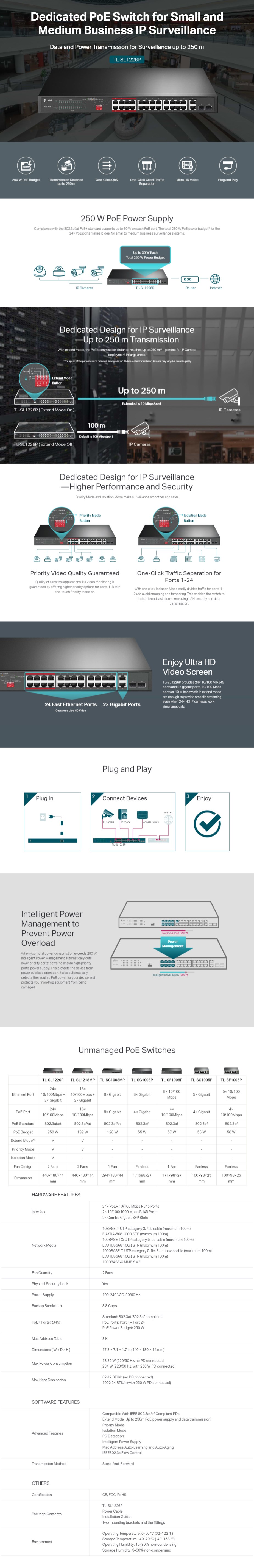TP-Link TL-SL1226P 24-Port 10/100Mbps + 2-Port Gigabit Unmanaged PoE+ Switch - Overview 1
