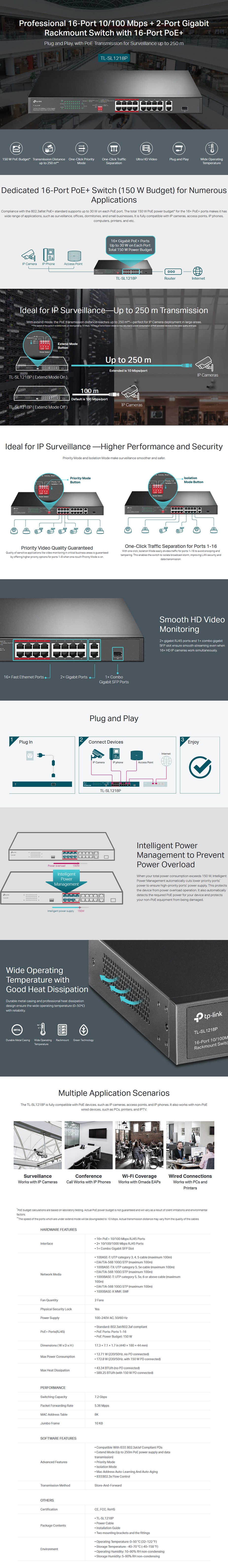 TP-Link TL-SL1218P 16-Port 10/100 Mbps + 2-Port Gigabit Rackmount Switch w/PoE+ - Overview 1
