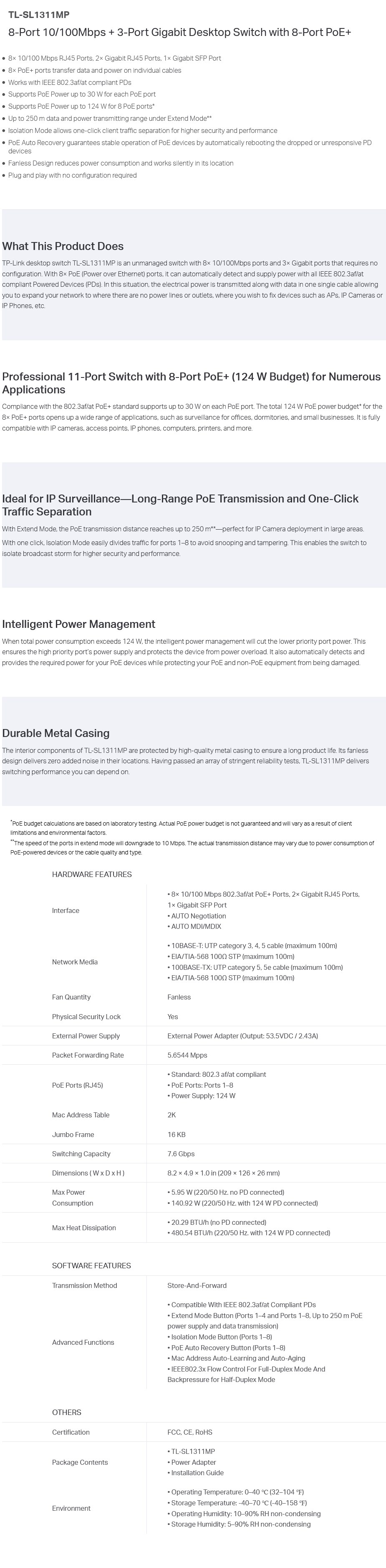 TP-Link TL-SL1311MP 8-Port PoE+ 10/100Mbps + 3-Port Gigabit Desktop Switch - Desktop Overview 1