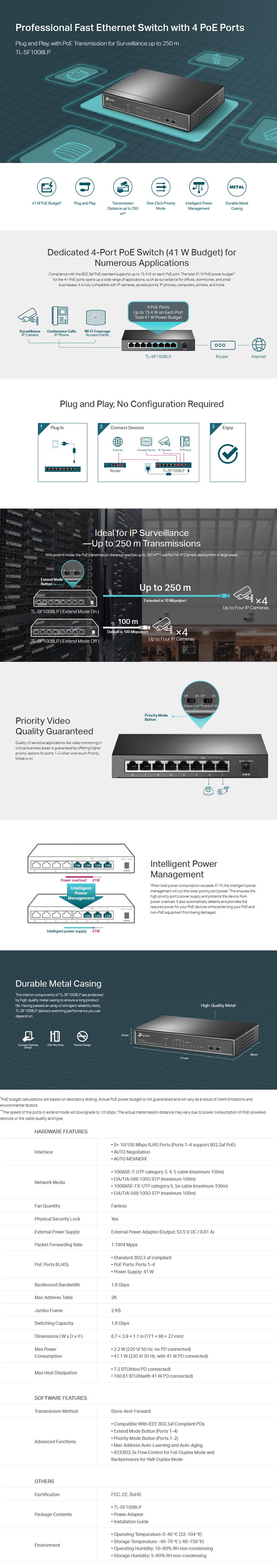 TP-LINK TL-SF1008LP 8-Port 10/100Mbps Desktop Switch with 4-Port PoE - Overview 1