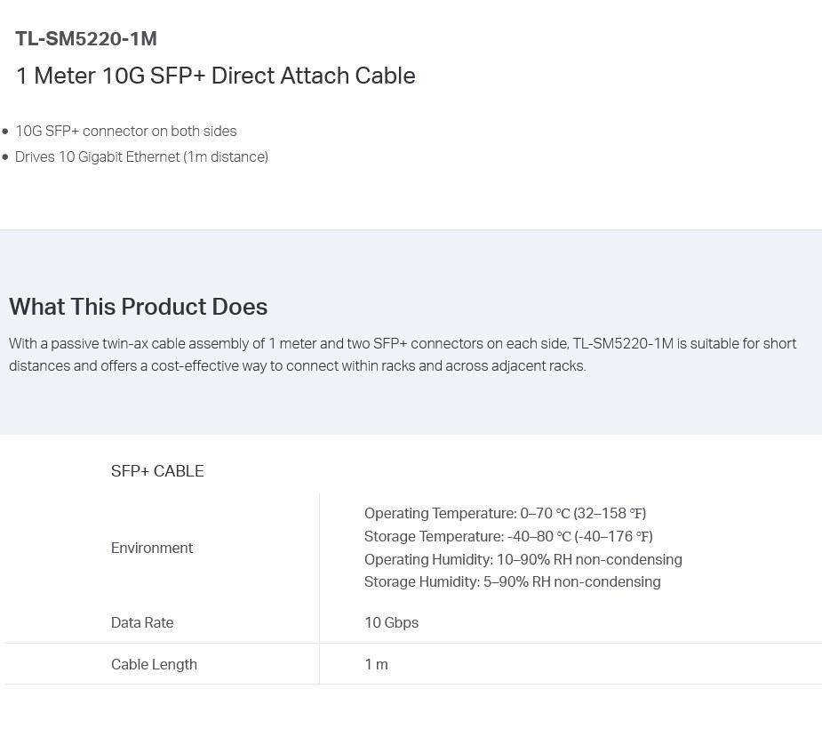 TP-Link TL-SM5220-1M 10G SFP+ Direct Attach Cable - 1.0m - Desktop Overview 1