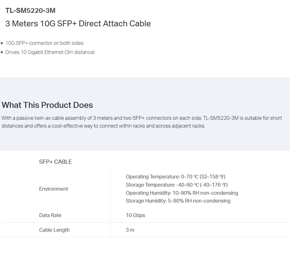 TP-Link TL-SM5220-3M 10G SFP+ Direct Attach Cable - 3.0m - Desktop Overview 1