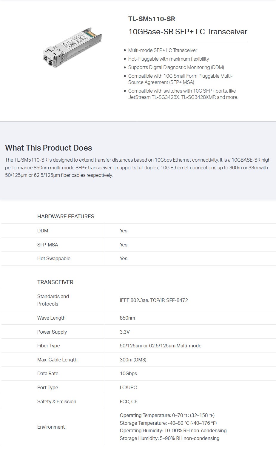 TP-Link TL-SM5110-SR 10GBase-SR SFP+ LC Transceiver Module - Desktop Overview 1