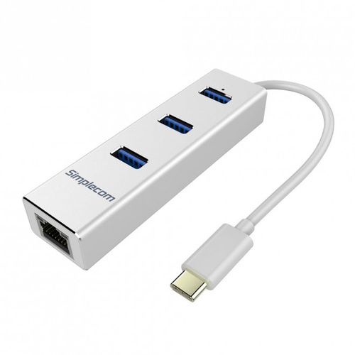 Simplecom CHN411 Silver Aluminium USB Type C to 3 Port USB 3.0 Hub with Gigabit Ethernet Adapter