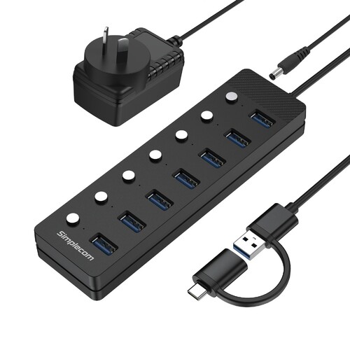 Simplecom CH375C USB-A and USB-C to 7-Port USB 3.0 Hub 5Gbps Individual Switcher