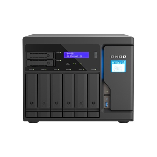 QNAP 6+2-BAY NAS(NO DISK) ATOM 8C 2.8GHz, 8GB, 2.5GbE(2),10GbE(1),PCIe(2),3YR WTY