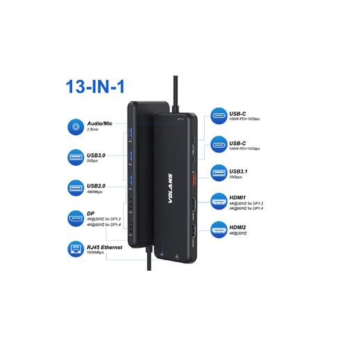 VOLANS VL-UCH2P Aluminum 13-in-1 Triple Display USB-C Hub with 100W PD (V2)