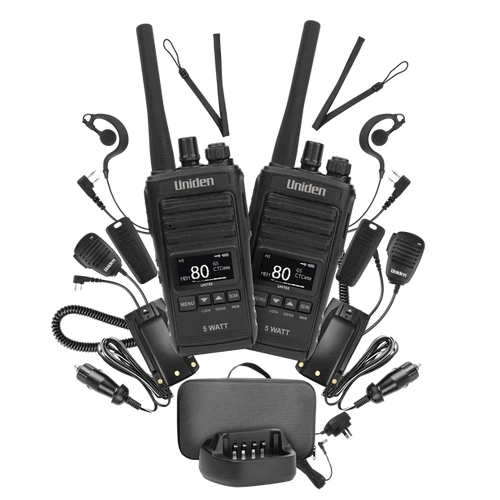 80 UHF Channels5 Watt / 1 Watt Selectable TX Power Splashproof, Backlit LCD Dot Matrix DisplayRange Extender (Duplex) Capability, VOX Hands Free Cap
