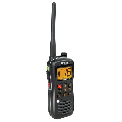 MHS127 VHF Marine Radio - 5 wattSubmersible / Waterproof to JIS8* Floating, Lightweight Design** International ChannelsFlexible Whip AntennaLarge LCD 